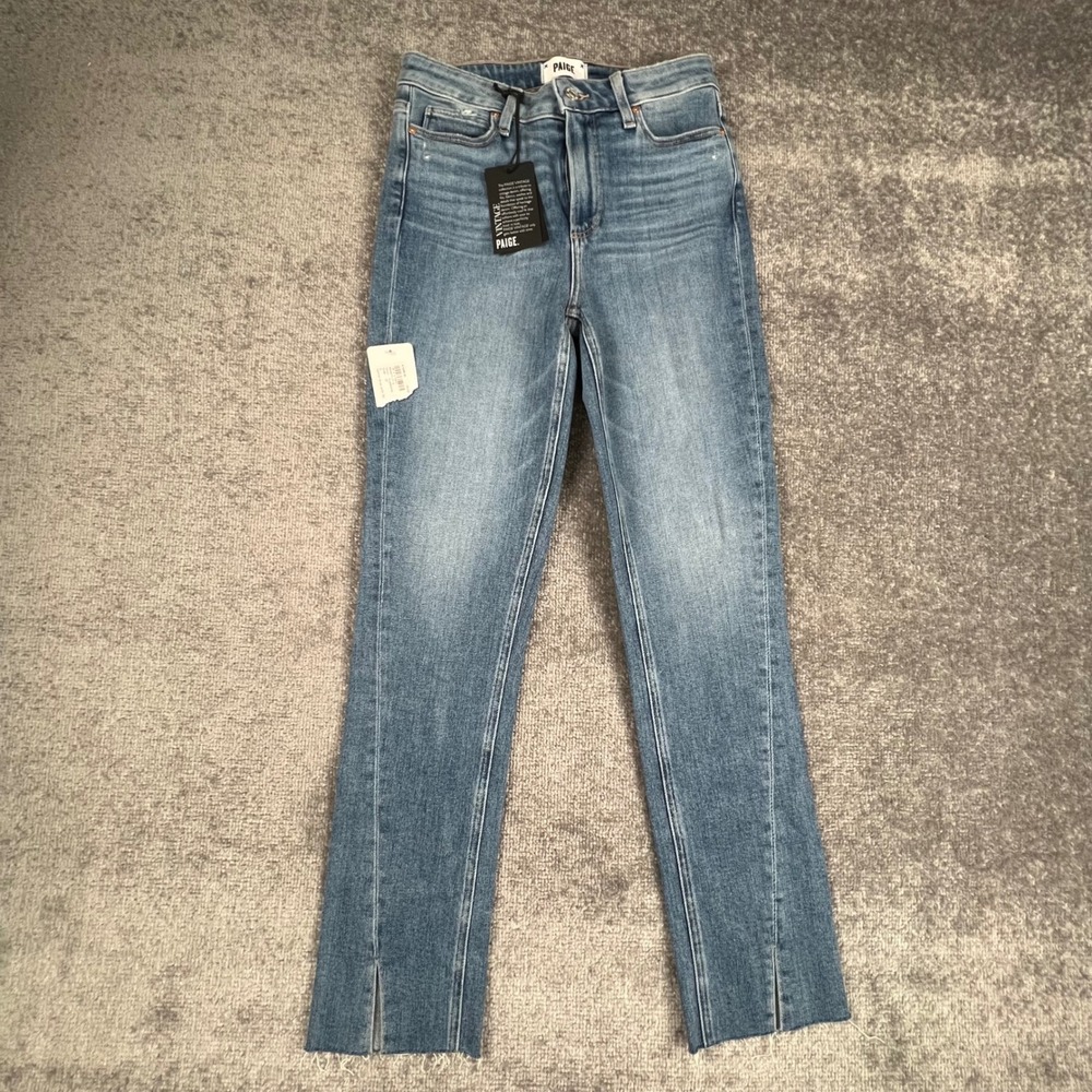 Paige Hoxton Slim High Rise Jeans Florencia Blue Twist Raw Hem 27 NEW 5844E77